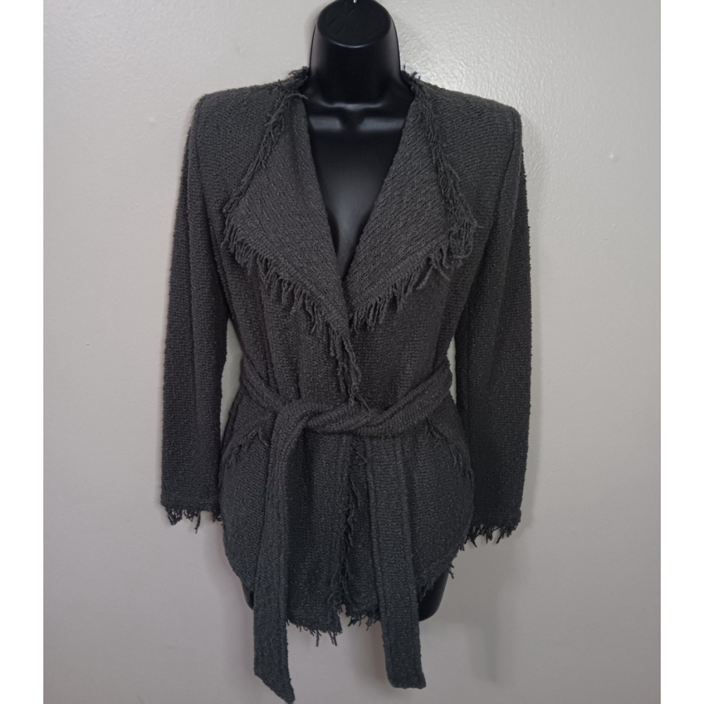 Iro Schala Jacket Wrap Self Tie Belt Fringe Green Tweed Size 34 US Size XS EUC - Picture 2 of 9